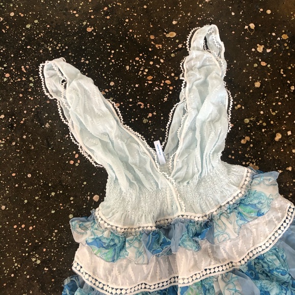 CHIO Silk Ruffle Macrame Mini Dress Blue White - Picture 6 of 9